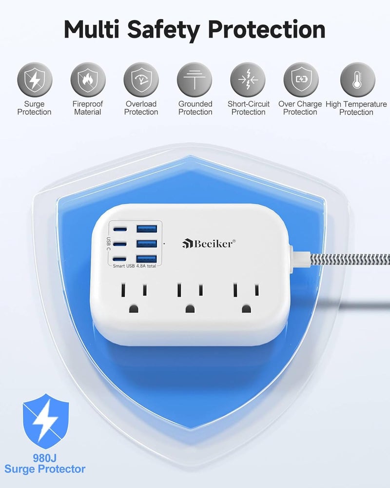 Beeiker 6 USB(3 USB C) Surge Protector Power Strip- Extension Cord 10 Ft with 24W USB Charging Station and 3 Outlets, Flat Plug Long Braided Extension Cord with Multiple Outlets for Home Office College Dorm - Image 5